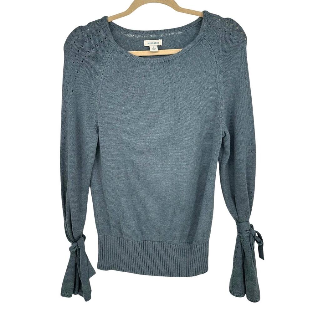 Sundance Wool Blend Light Blue Sweater Round Neck Tie Accents Winter Casual S